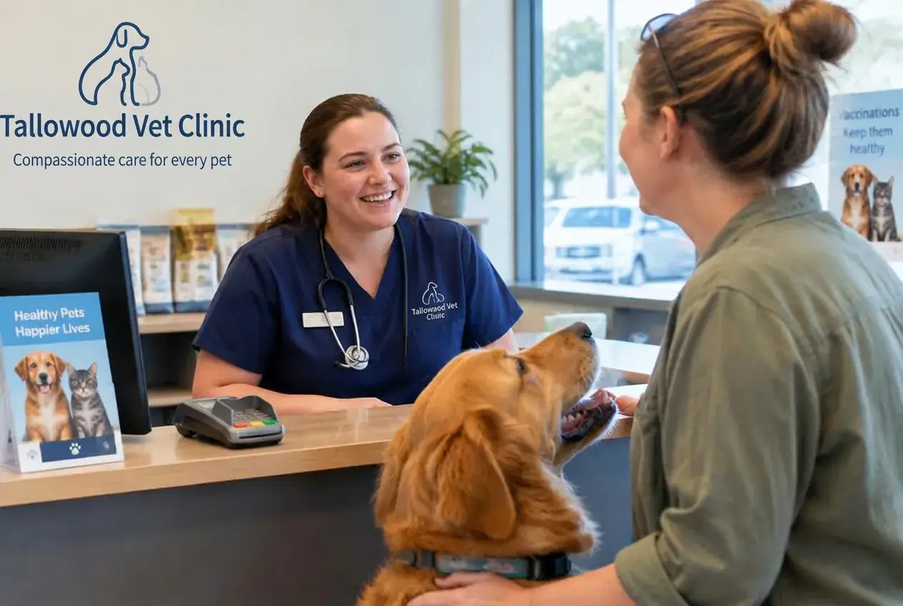 A vet at a clinic front counter with a pet owner and their dog