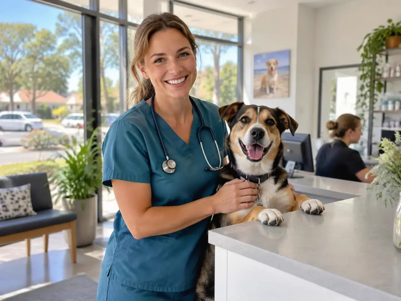 A vet with a happy dog at a bright clinic counter